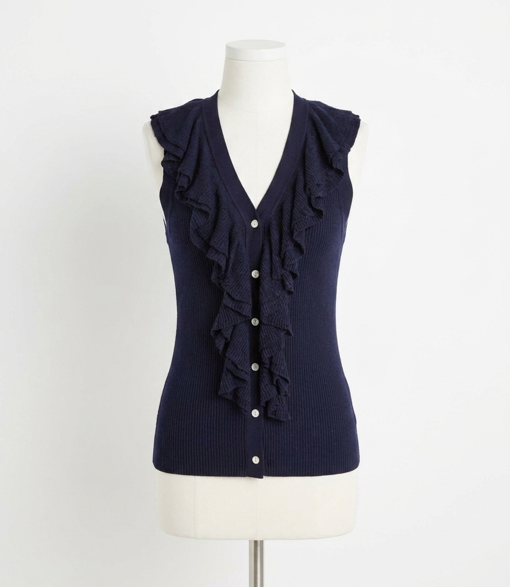 NEW KAREN KANE sleeveless ruffle v-neck sweater in navy